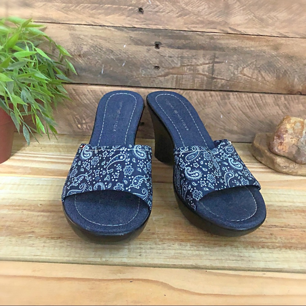 Tommy Hilfiger denim & paisley print slide wedges